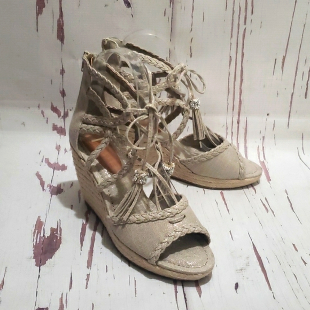 Rampage 7.5 Carlita silver glitter canvas wedge espadrilles strappy with tassels